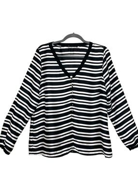 Zara Black & White Striped V-Neck Long Sleeve Blouse Sz XL Flowy Semi Sheer Top